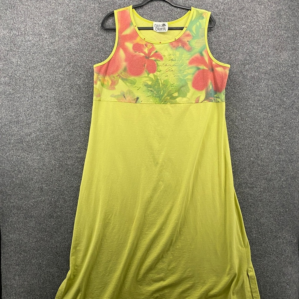 Copa Cabana Dress XL Green Floral Sleeveless Maxi Side Slit Hawaiian Coastal